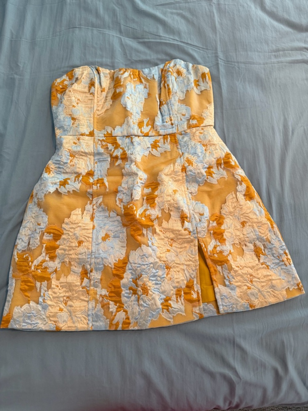 Showpo Strapless Floral Jacquard Mini Dress in Yellow and Light Blue - Picture 4 of 6